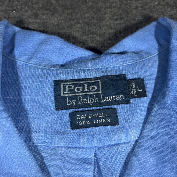 VTG Polo Ralph Lauren Shirt Mens L Caldwell Blue Loop Collar Linen Button Camp - Picture 7 of 9